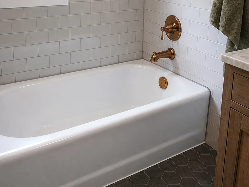 Glossy white refinished cast-iron bathtub in a Mount Carmel bungalow, Redwood City