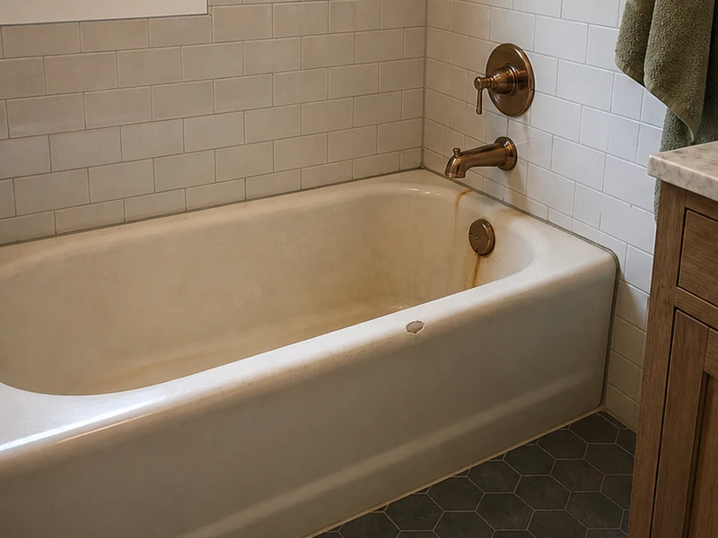 Worn, stained cast-iron bathtub before reglazing in a Mount Carmel bungalow, Redwood City