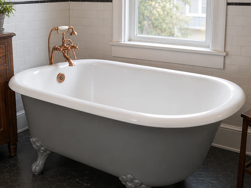 Refinished glossy white clawfoot tub with a slate-gray exterior in a Centennial home, Redwood City