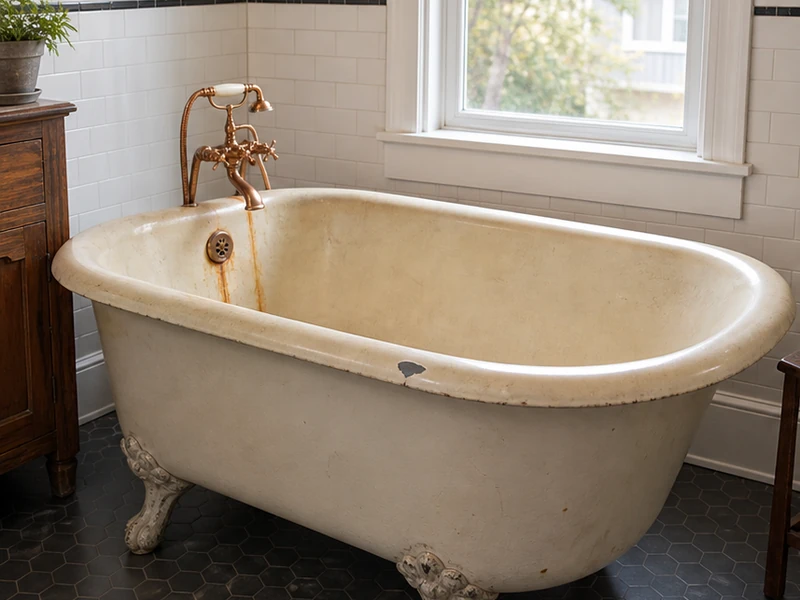 Worn rust-stained cast-iron clawfoot tub before refinishing in a Centennial home, Redwood City