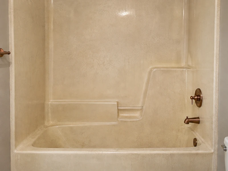 Faded chalky crazed fiberglass tub-shower combo before refinishing in a Redwood Shores condo, Redwood City