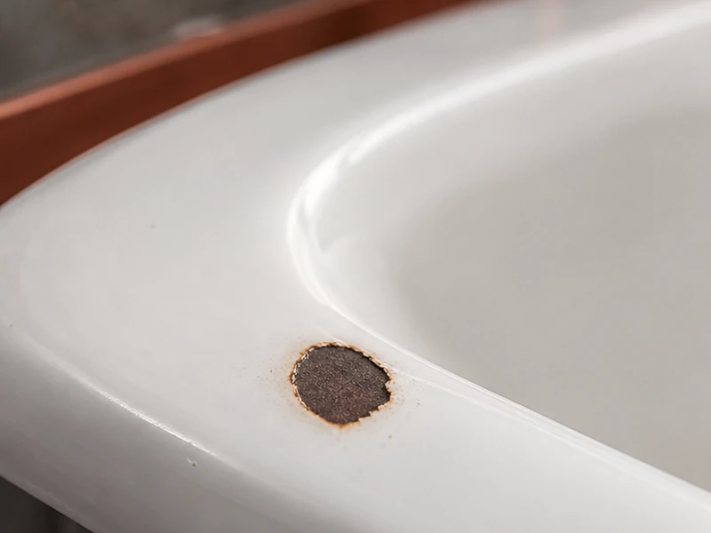 Chipped and rust-stained tub rim before repair in a Friendly Acres home, Redwood City