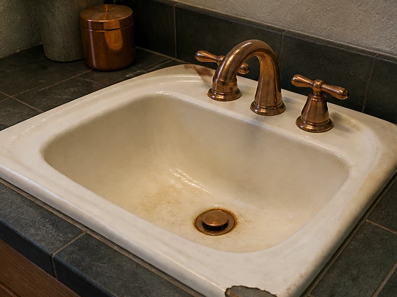 Chipped, rust-stained porcelain bathroom sink before reglazing in a Centennial home, Redwood City