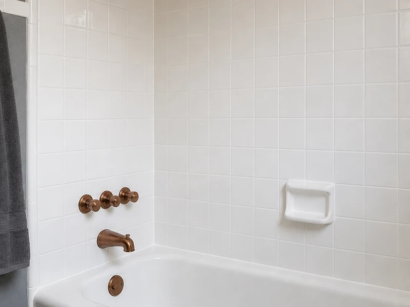 Bright white reglazed wall tile around a tub in an Emerald Hills bathroom, Redwood City