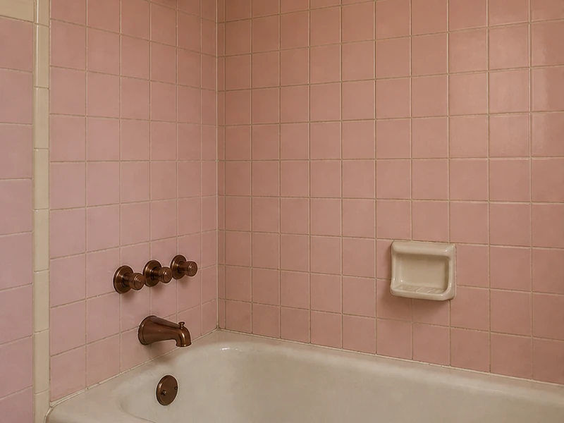 Dated pink and almond ceramic wall tile before reglazing in an Emerald Hills bathroom, Redwood City